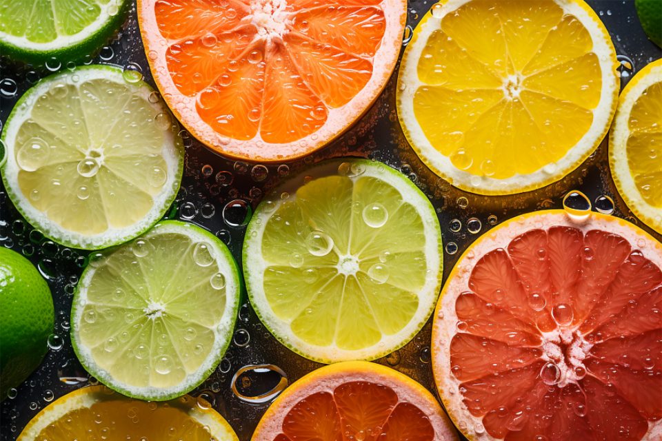 Tranches d’agrumes colorées, typiques des notes de tête